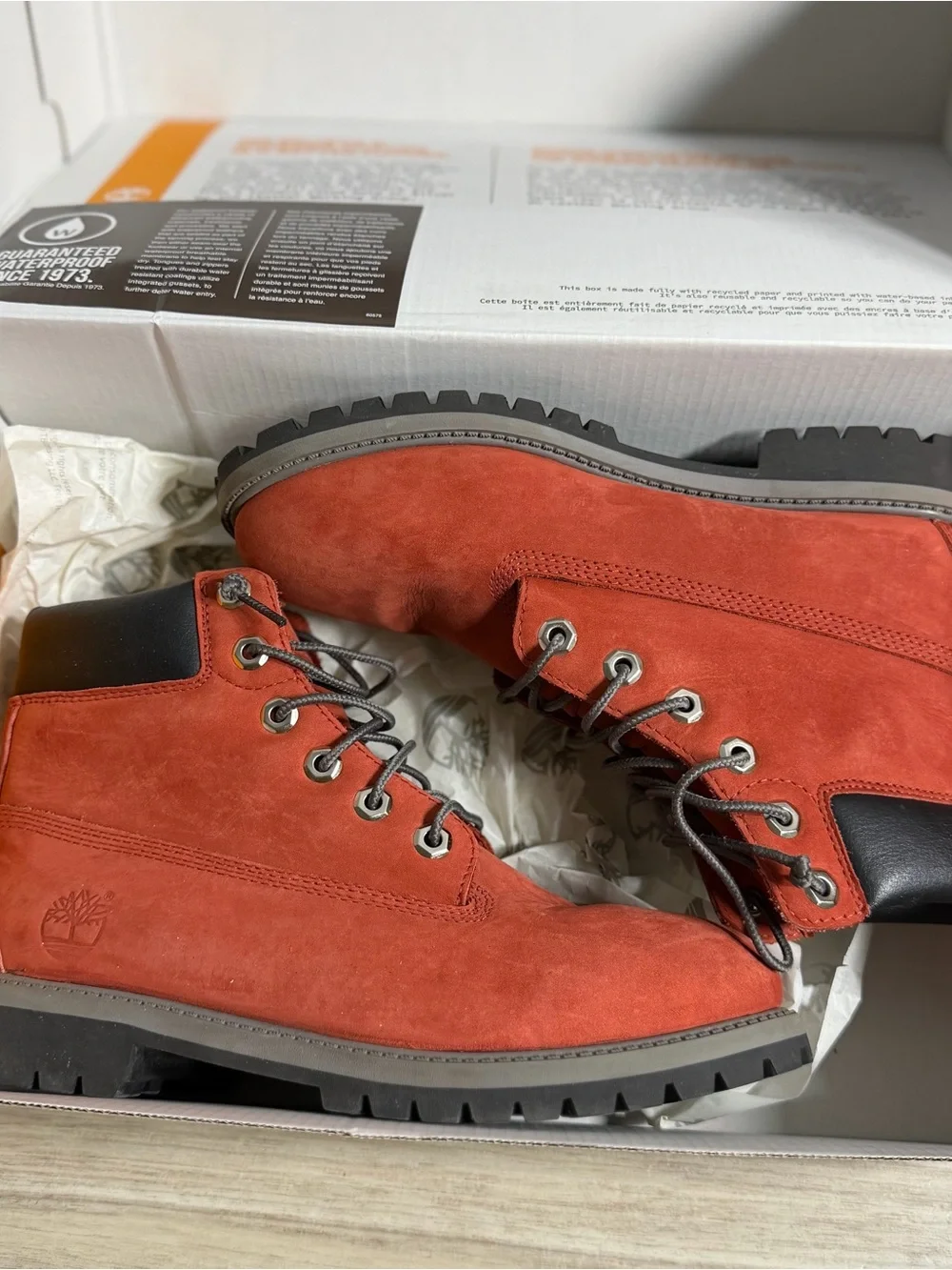 Timberland Red Suede Lace-Up Boots with Black Collar